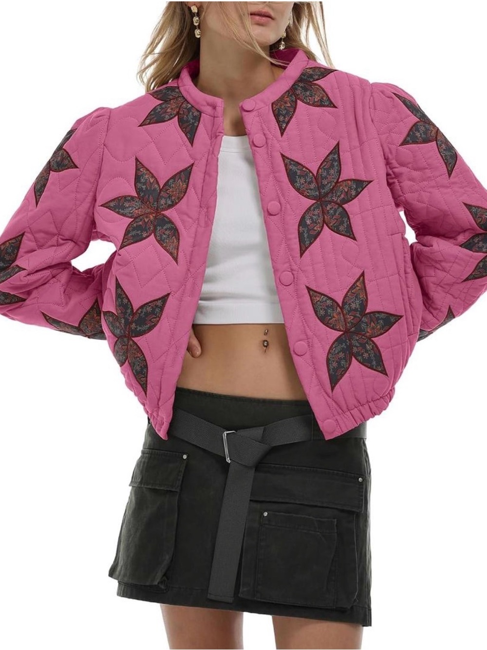 Women's Pink Quilted Floral Star Jacket XXL